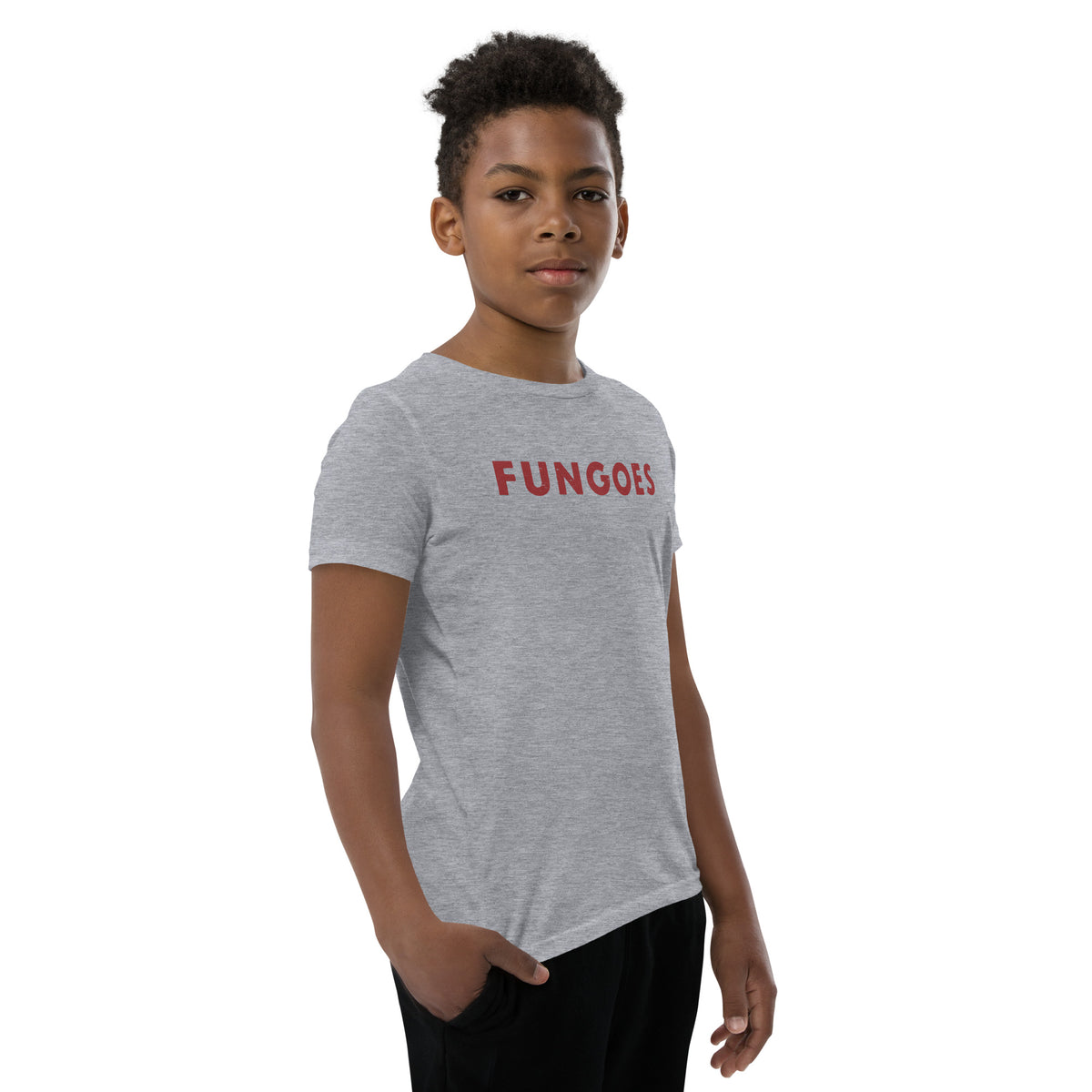 "Fungoes" in simple vintage baseball lettering, printed on a SodaPop Cool kids t-shirt.