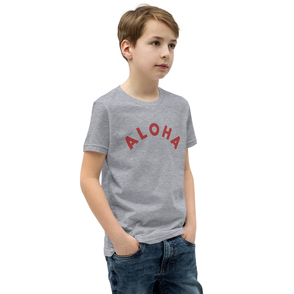 "Aloha" in clean vintage Hawaiian lettering, printed on a SodaPop Cool kids t-shirt.