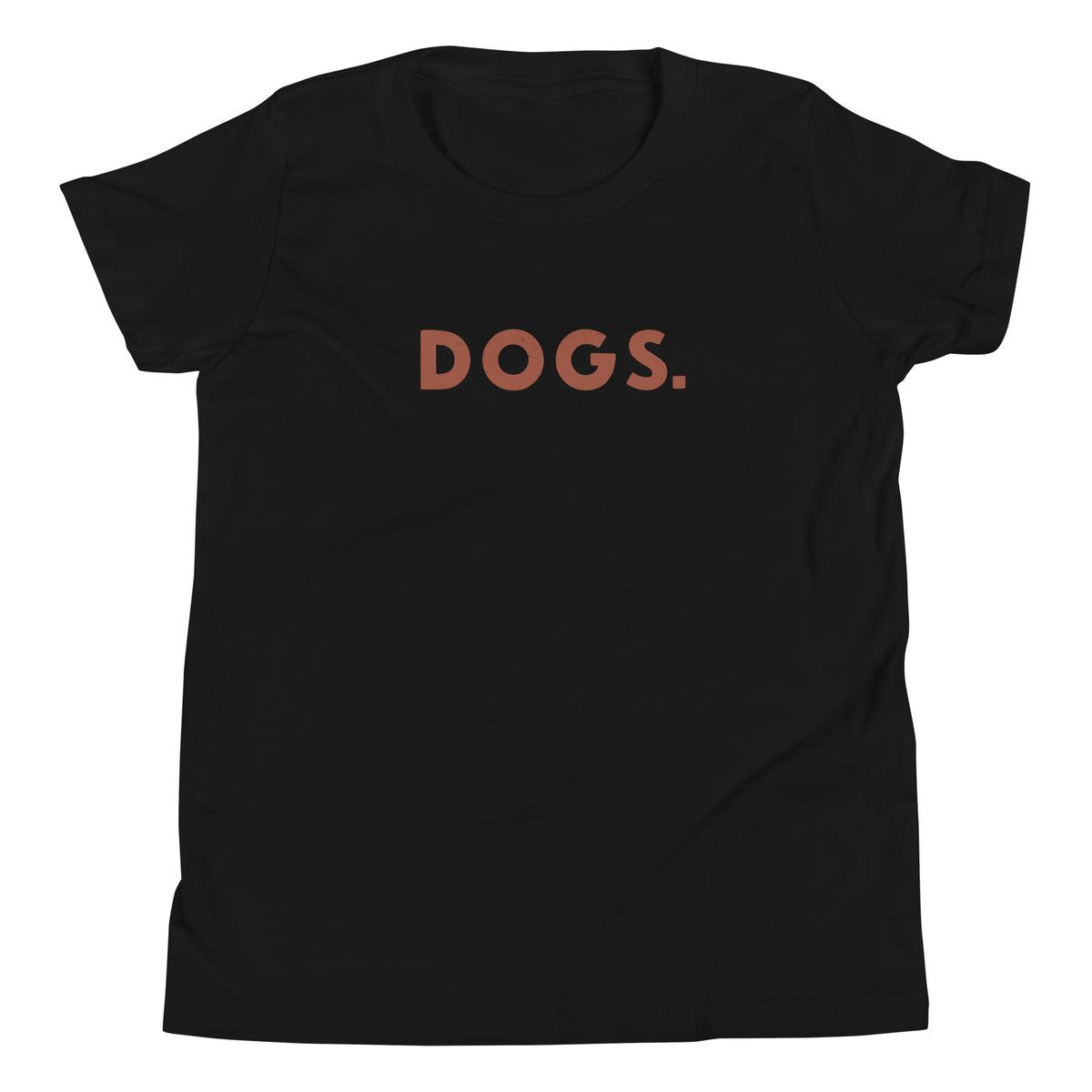 The word "Dogs." with a full stop, in vintage print styling, printed on a SodaPop Cool kids t-shirt.