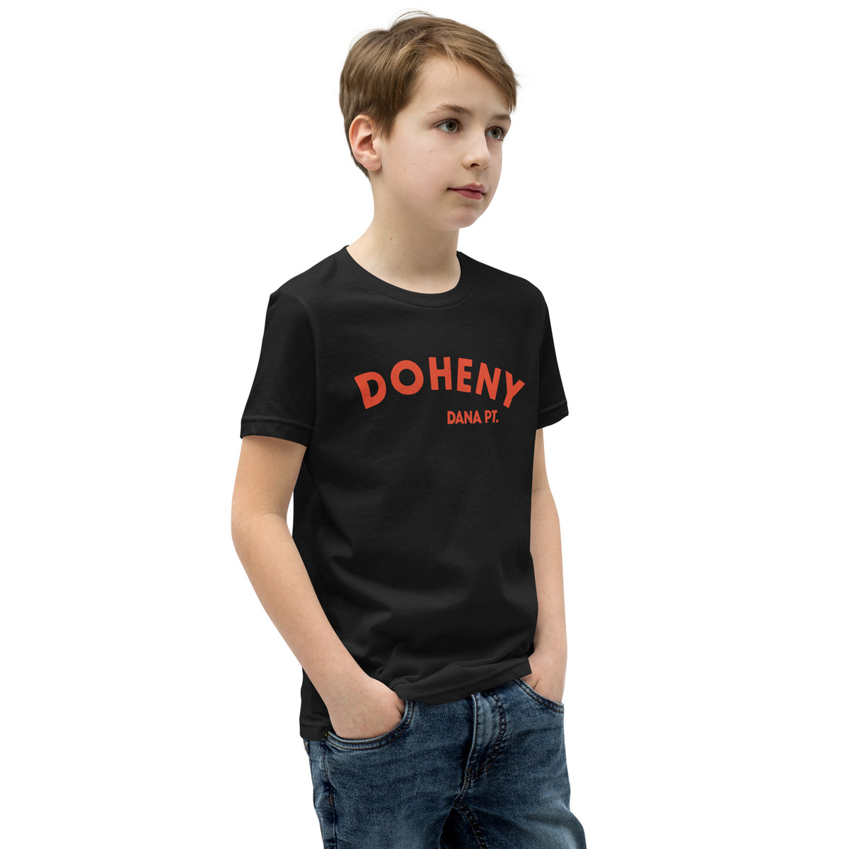 "Doheny Dana Point" in vintage California surf lettering, printed on a SodaPop Cool kids t-shirt.