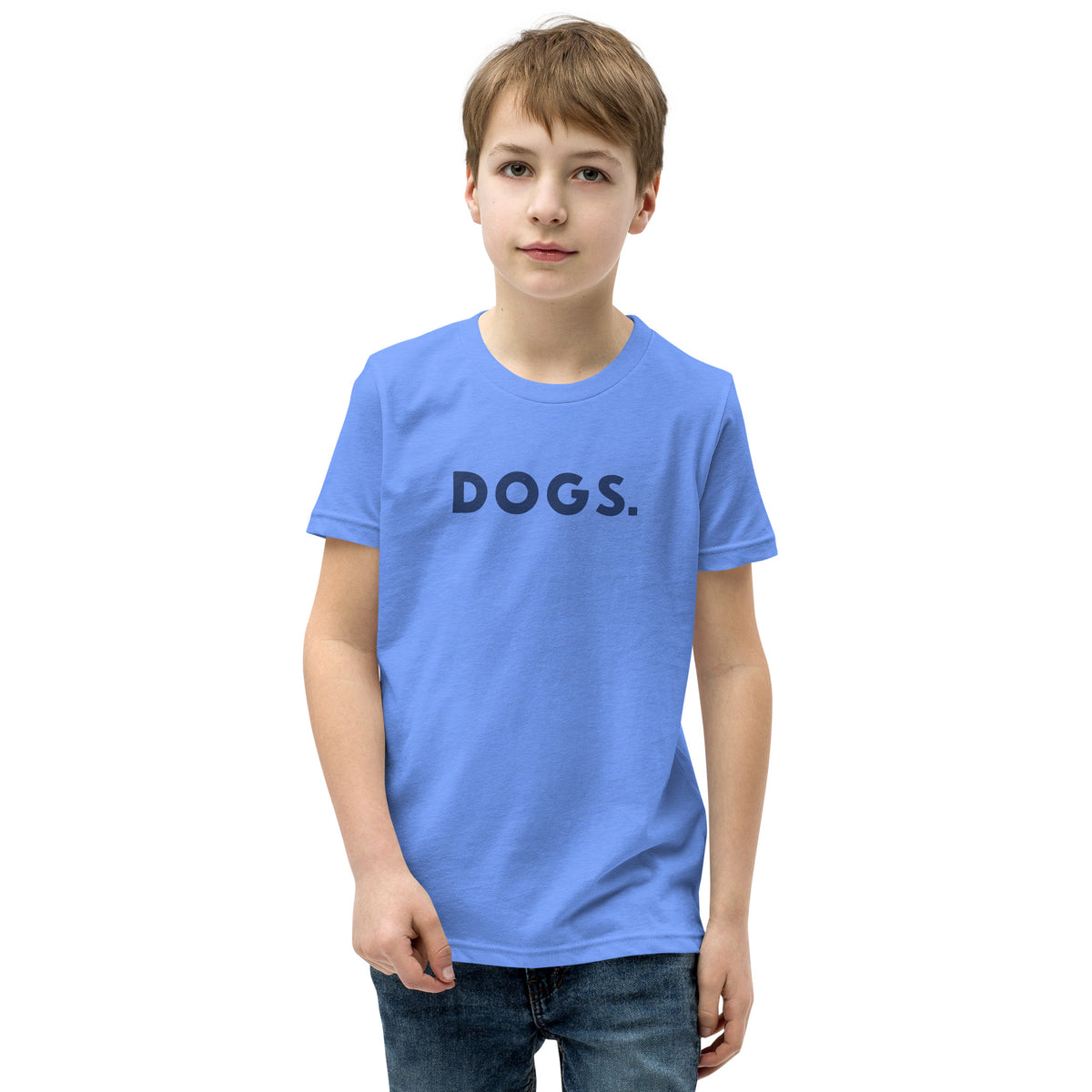 The word "Dogs." with a full stop, in vintage print styling, printed on a SodaPop Cool kids t-shirt.