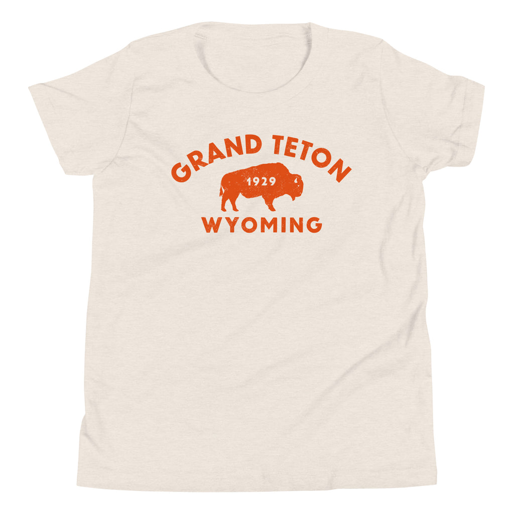 Bison in front of Grand Teton rock formations, vintage national park poster styling, printed on a SodaPop Cool kids t-shirt.