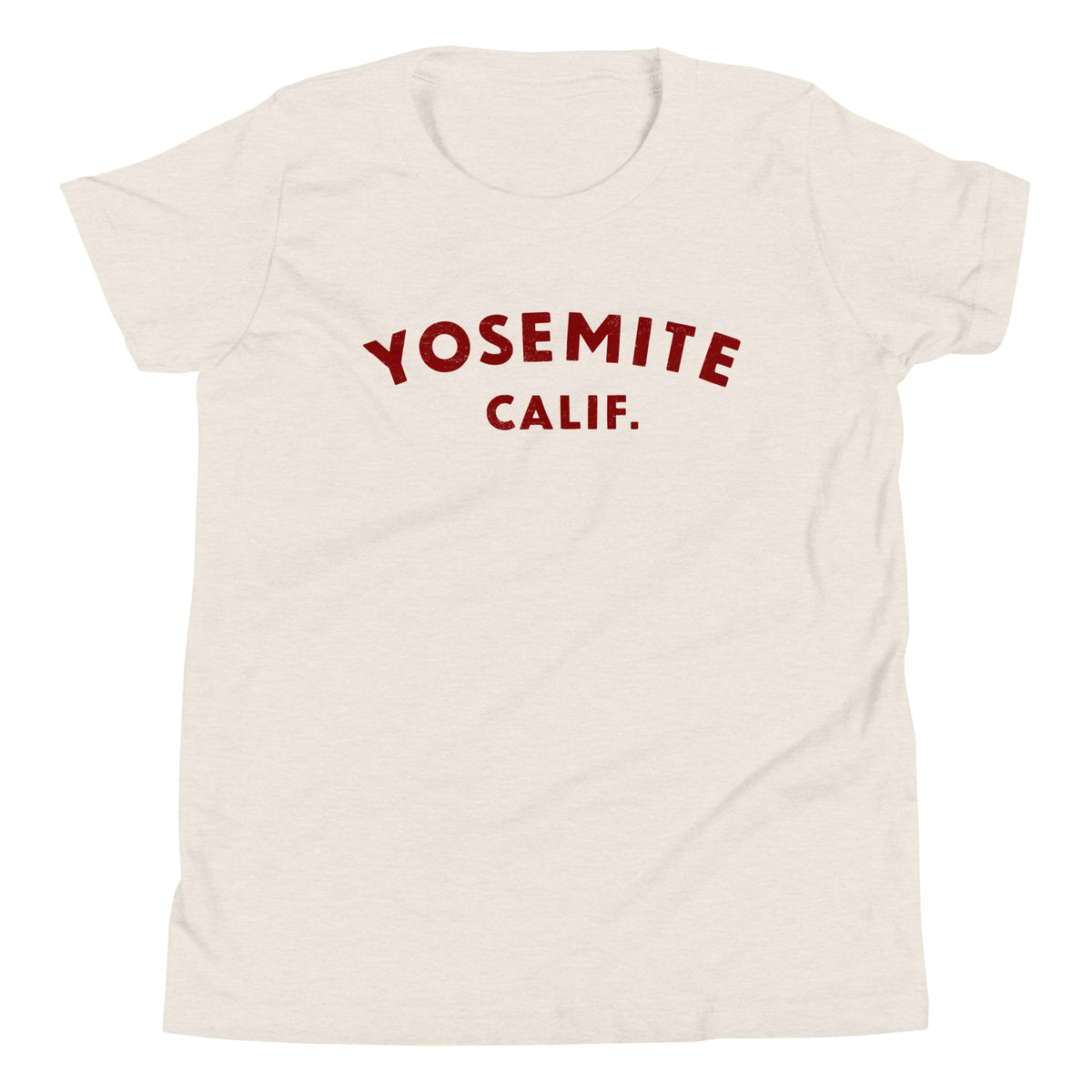 "Yosemite National Park" in vintage park-service lettering, printed on a SodaPop Cool kids t-shirt.