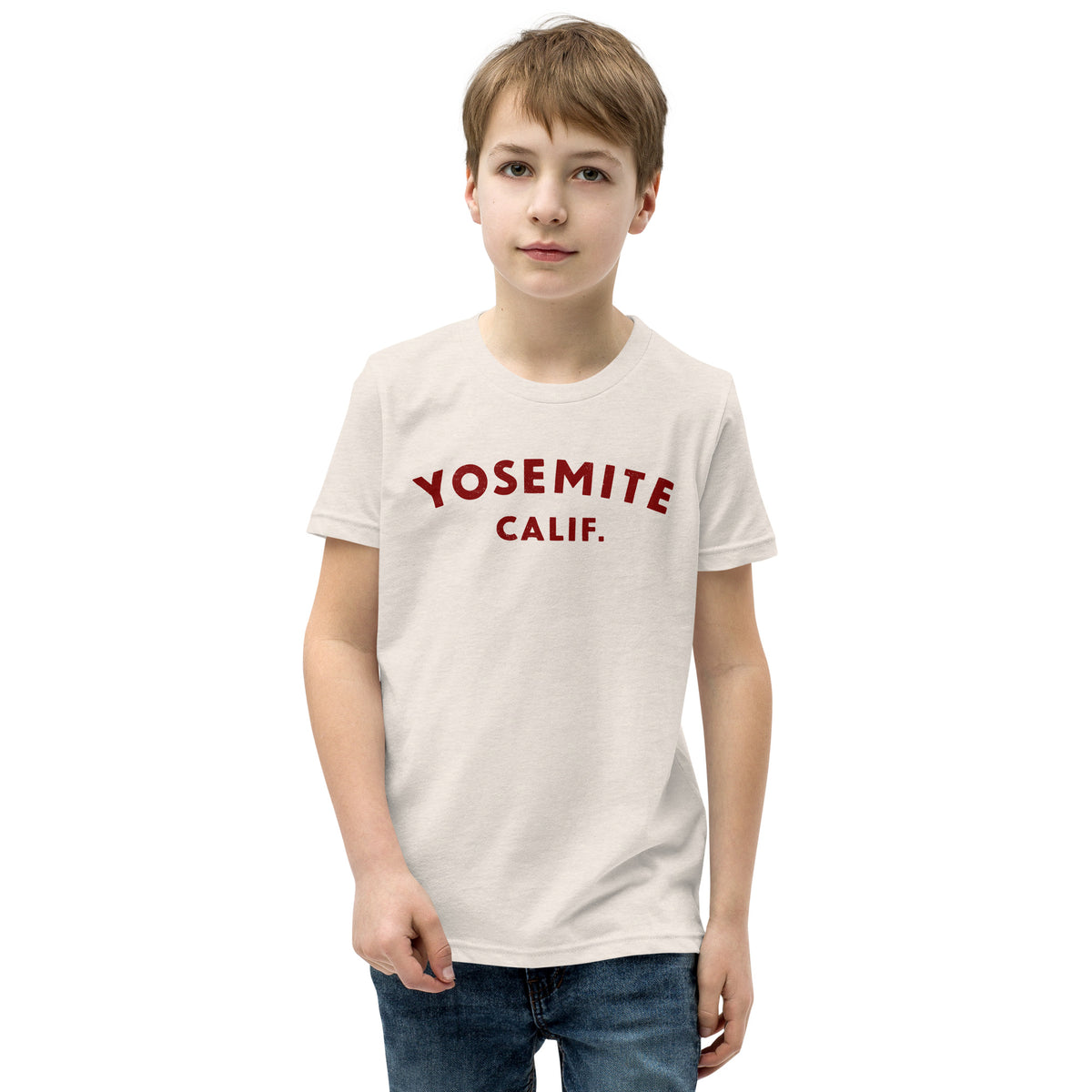 "Yosemite National Park" in vintage park-service lettering, printed on a SodaPop Cool kids t-shirt.