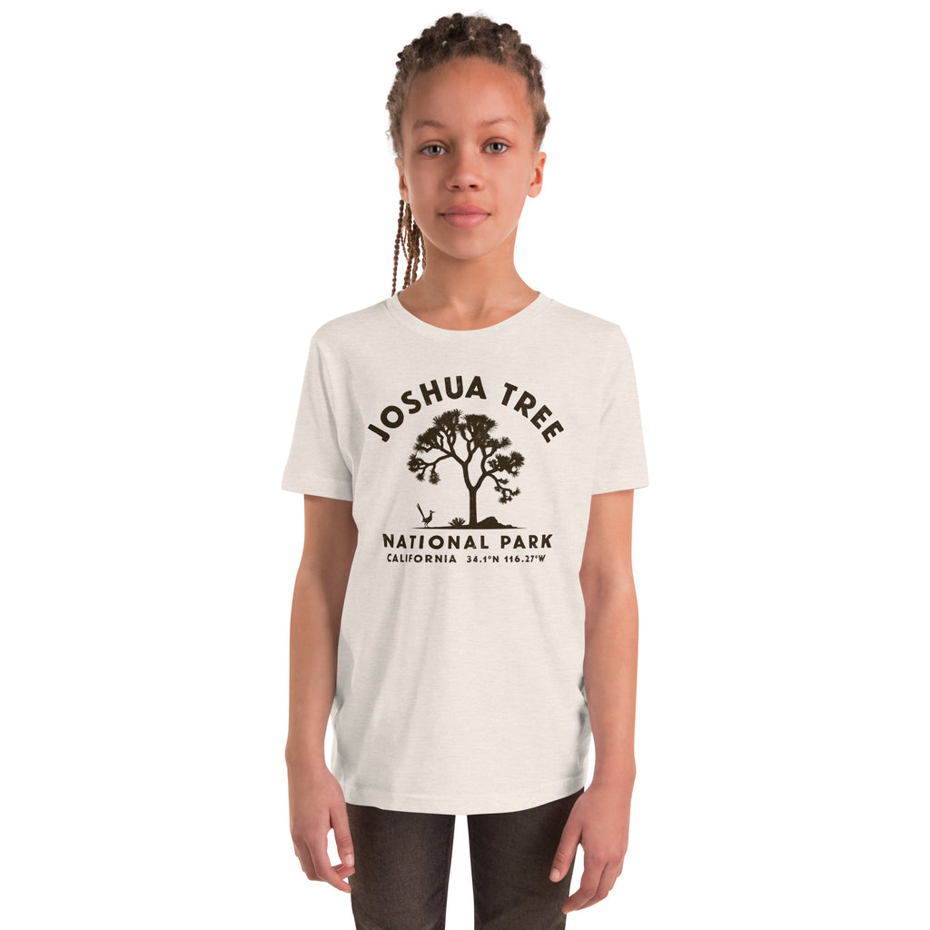 Joshua tree and a desert bird in classic national park styling, printed on a SodaPop Cool kids t-shirt.
