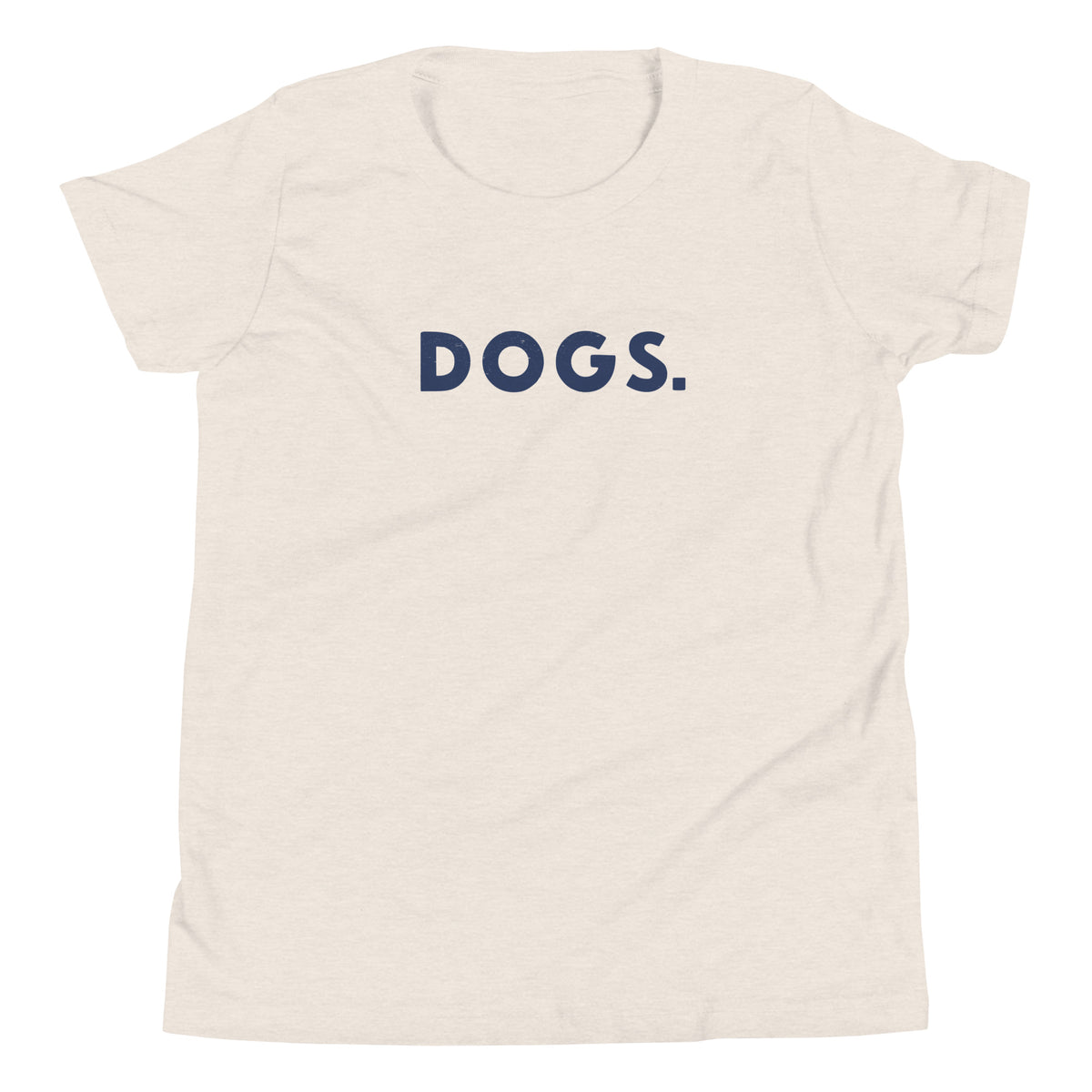 The word "Dogs." with a full stop, in vintage print styling, printed on a SodaPop Cool kids t-shirt.