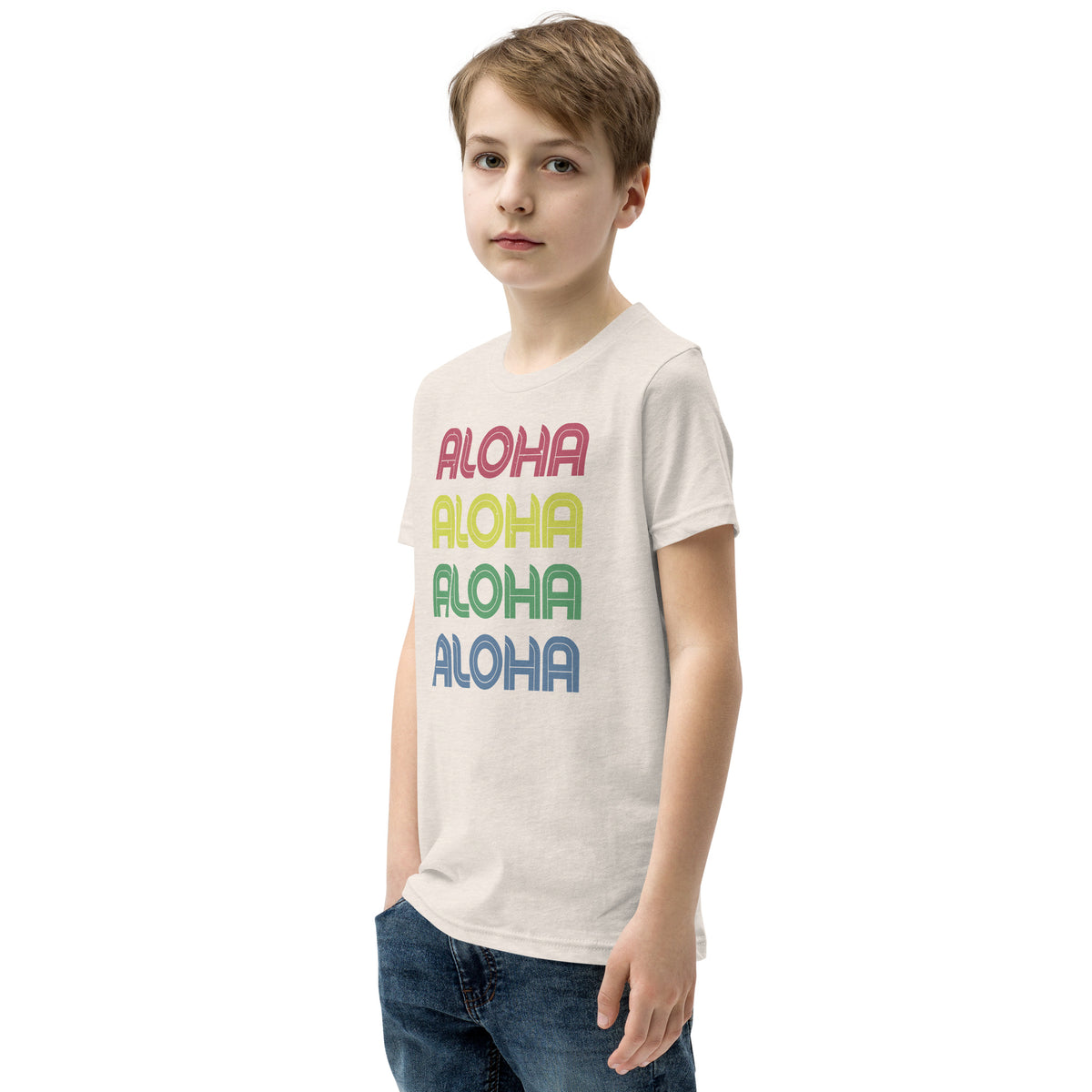 Aloha Hawaii Colors x 4 vintage graphic, printed on a SodaPop Cool kids t-shirt.