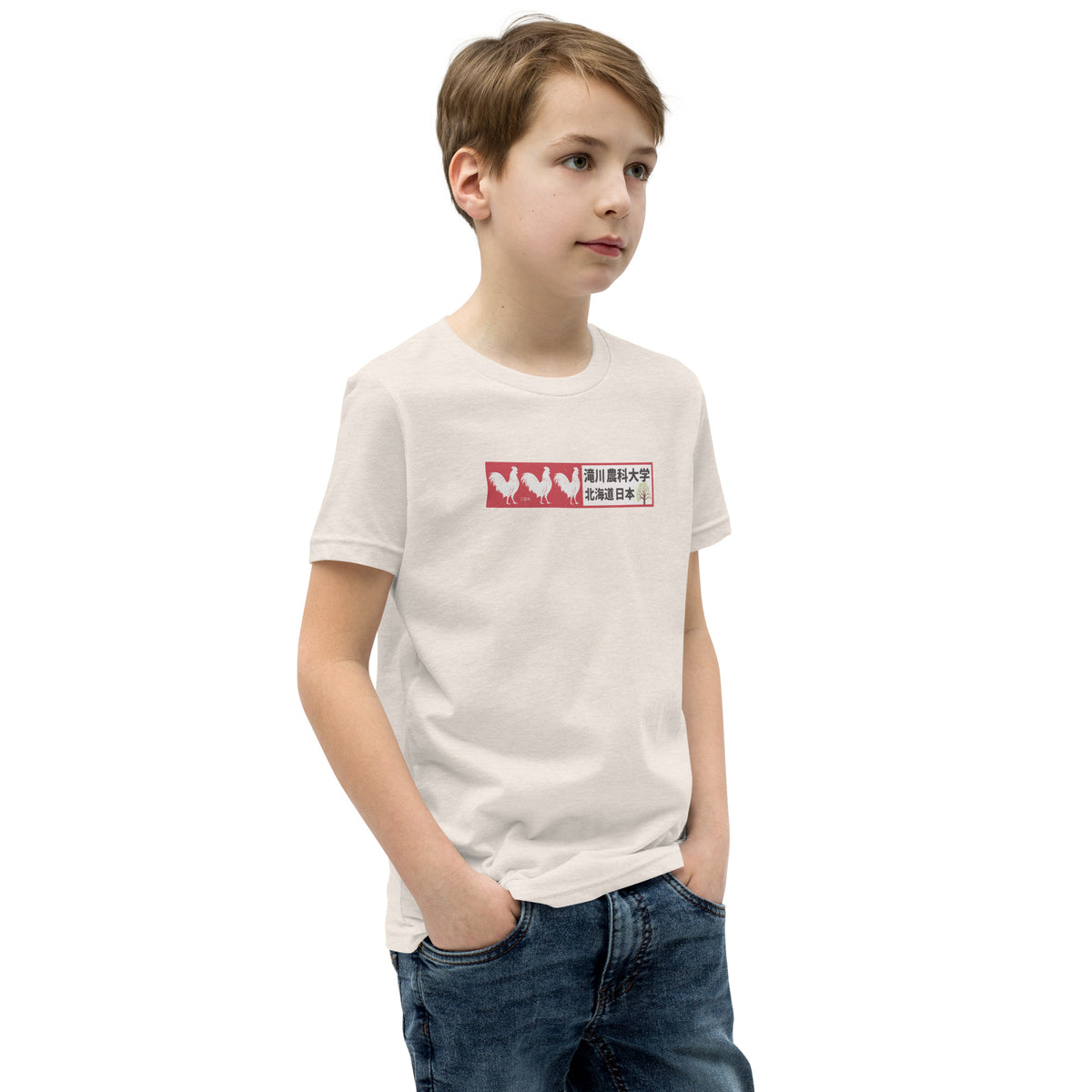 Three 3 Roosters Tree Farm Japan vintage graphic, printed on a SodaPop Cool kids t-shirt.
