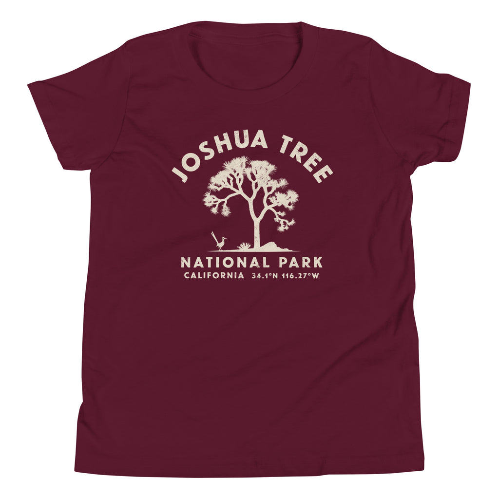 Joshua tree and a desert bird in classic national park styling, printed on a SodaPop Cool kids t-shirt.