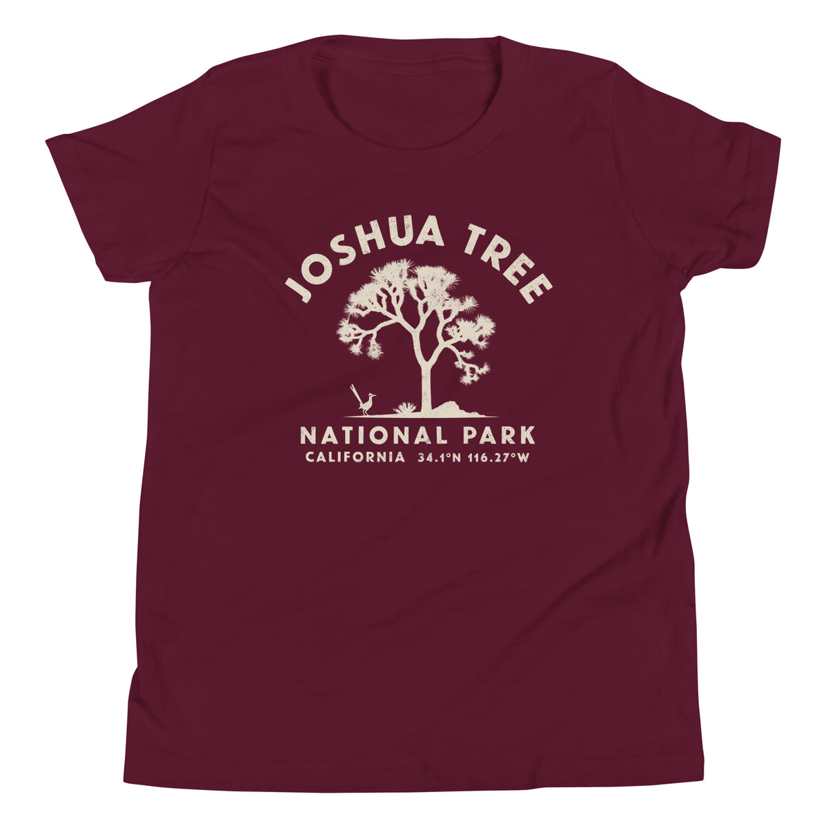 Joshua tree and a desert bird in classic national park styling, printed on a SodaPop Cool kids t-shirt.