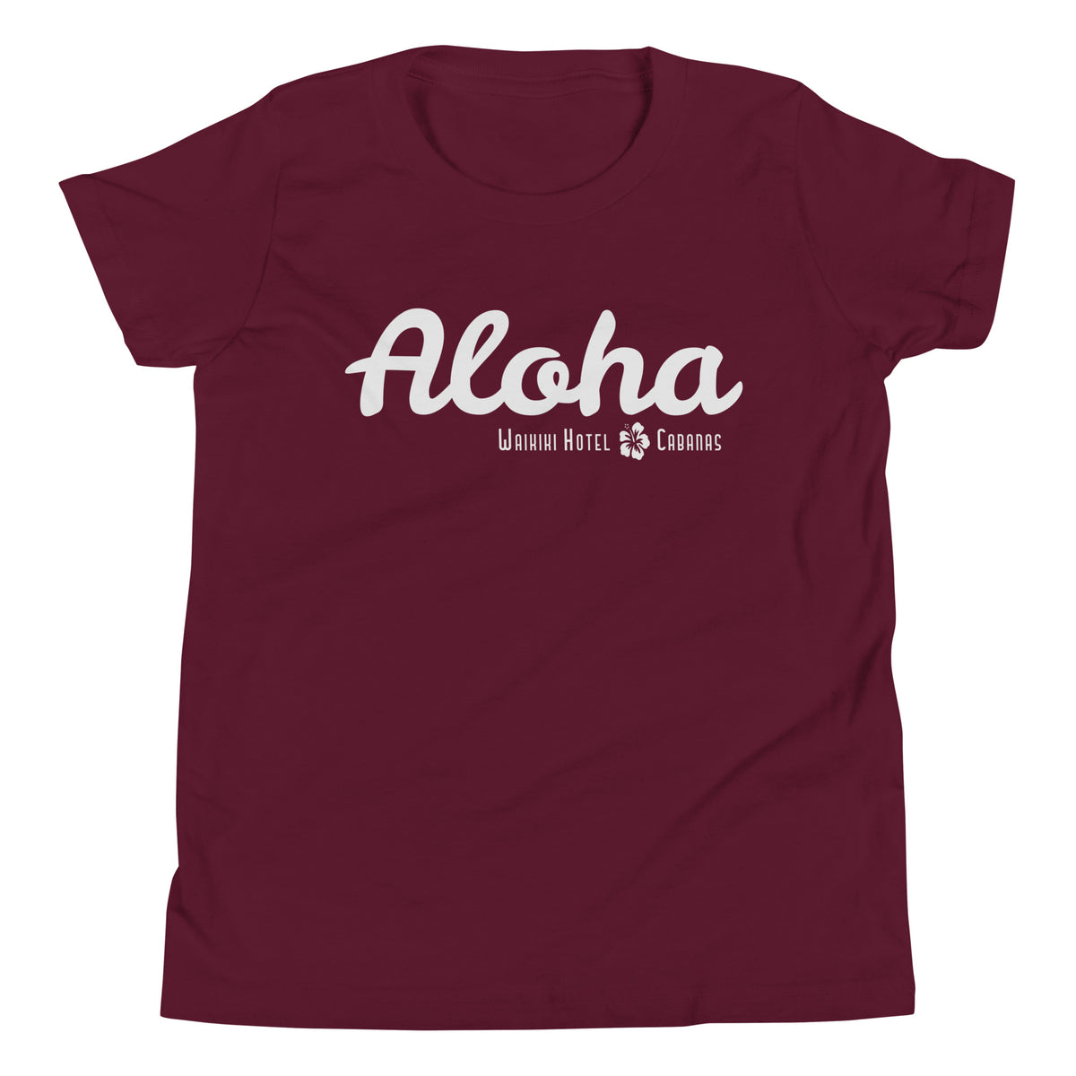"Waikiki Hotel &amp; Cabanas" in vintage Hawaiian resort lettering, printed on a SodaPop Cool kids t-shirt.