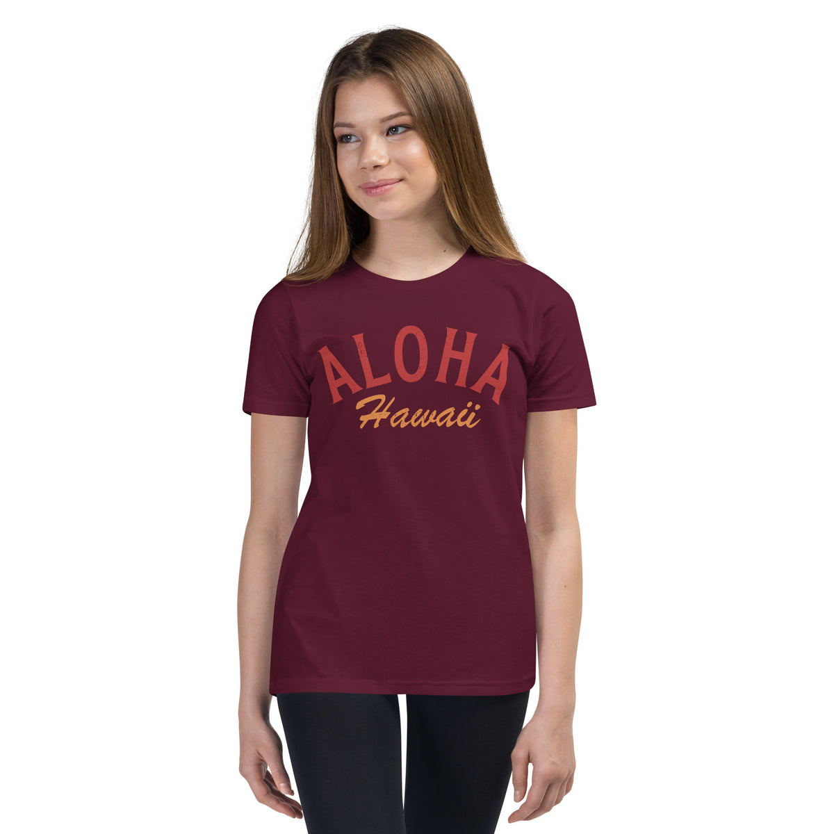 "Aloha Hawaii" in classic vintage island lettering, printed on a SodaPop Cool kids t-shirt.
