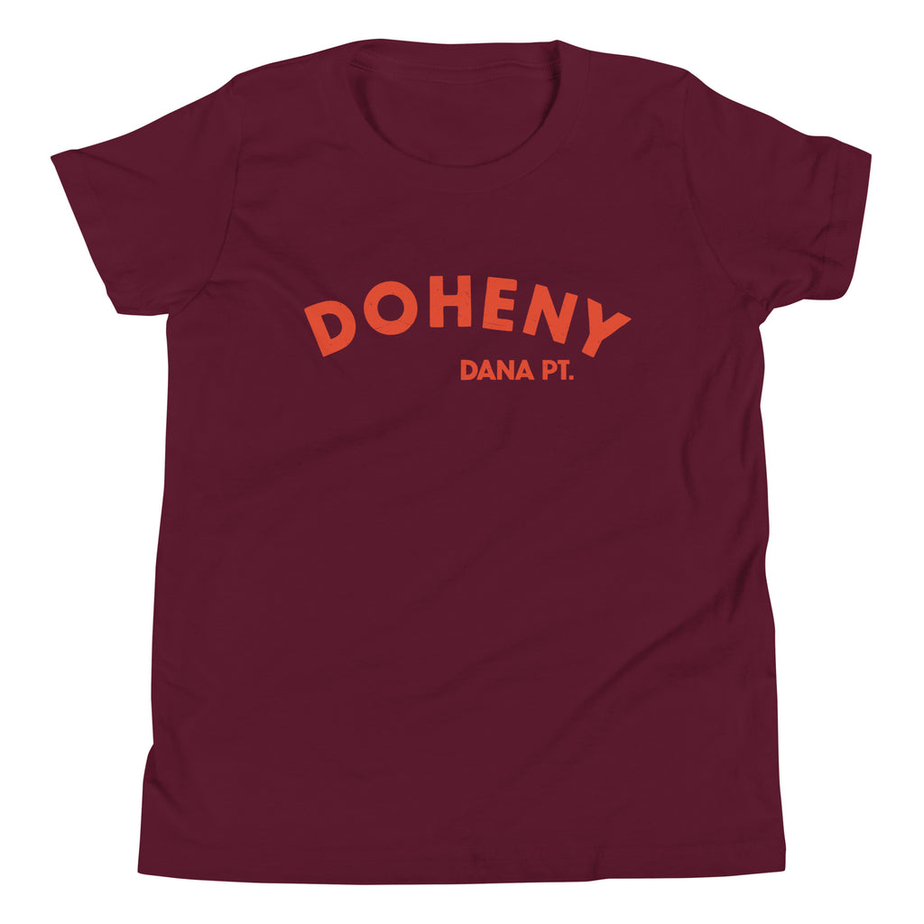 "Doheny Dana Point" in vintage California surf lettering, printed on a SodaPop Cool kids t-shirt.