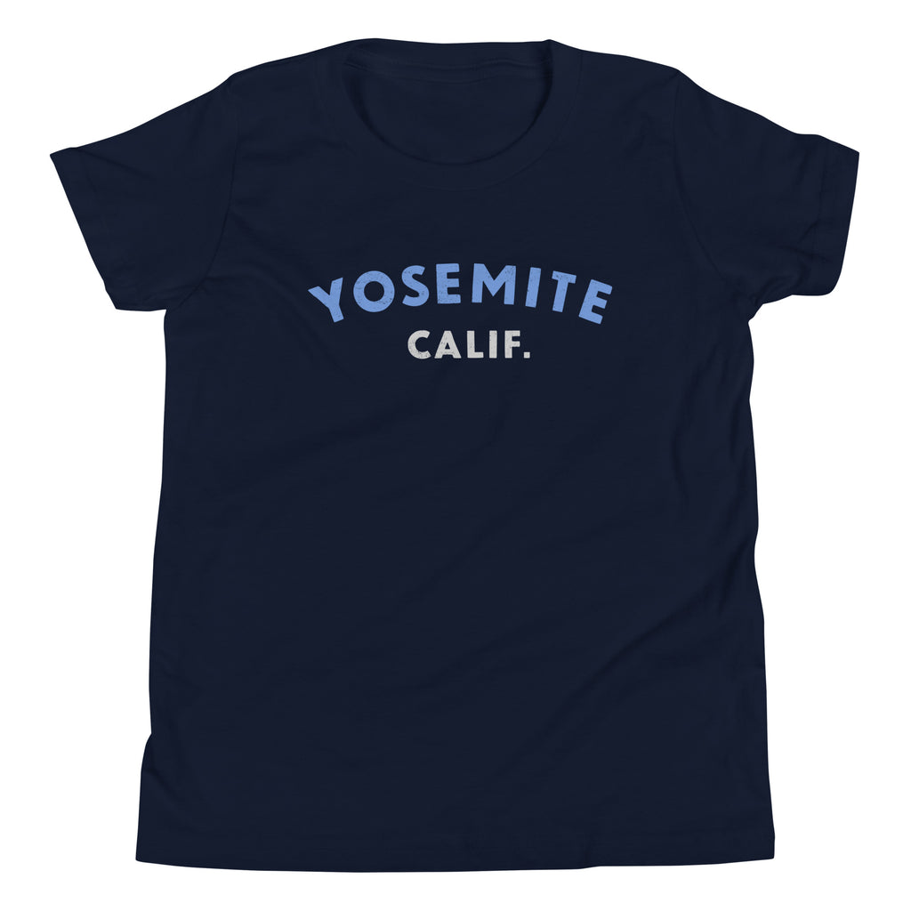 "Yosemite National Park" in vintage park-service lettering, printed on a SodaPop Cool kids t-shirt.