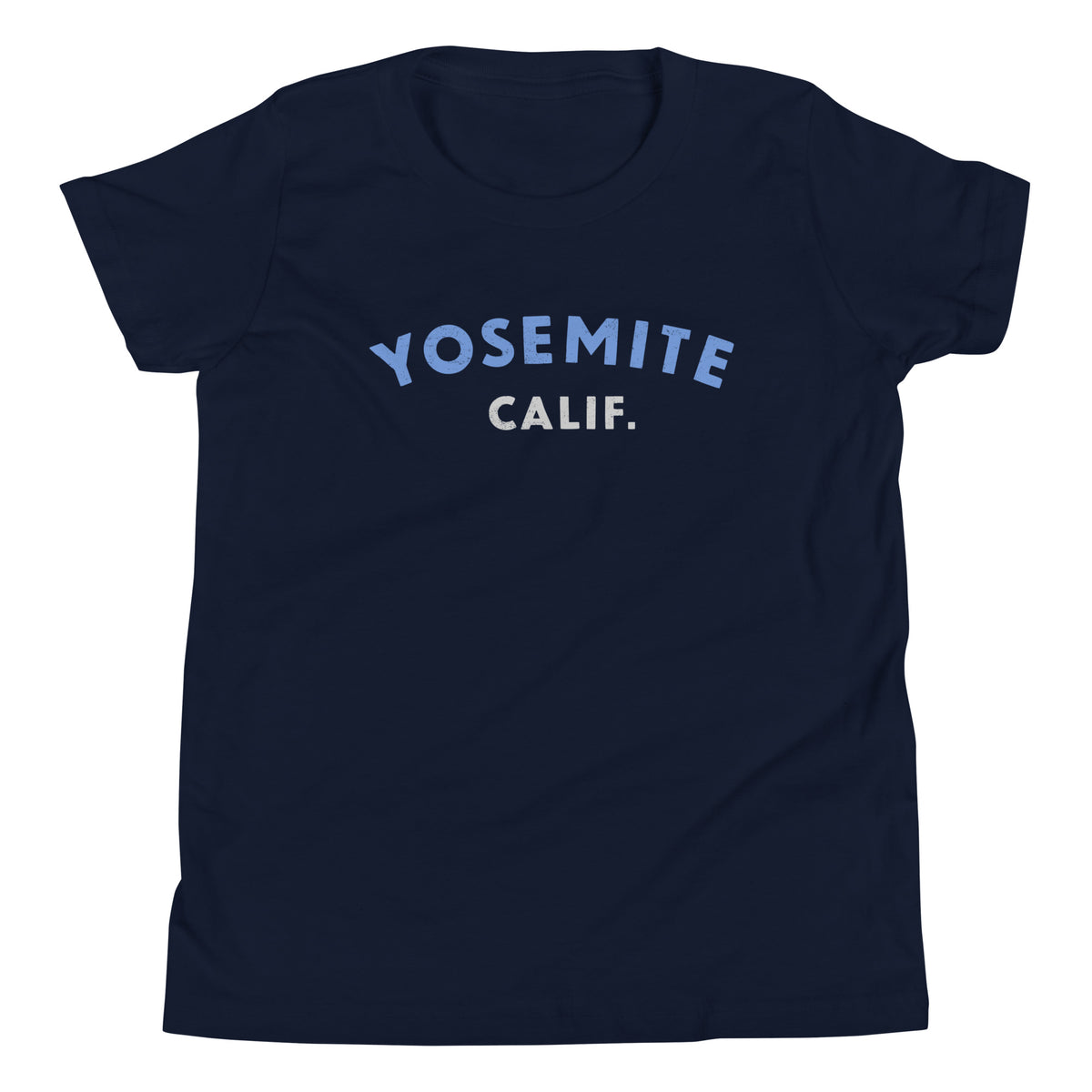 "Yosemite National Park" in vintage park-service lettering, printed on a SodaPop Cool kids t-shirt.