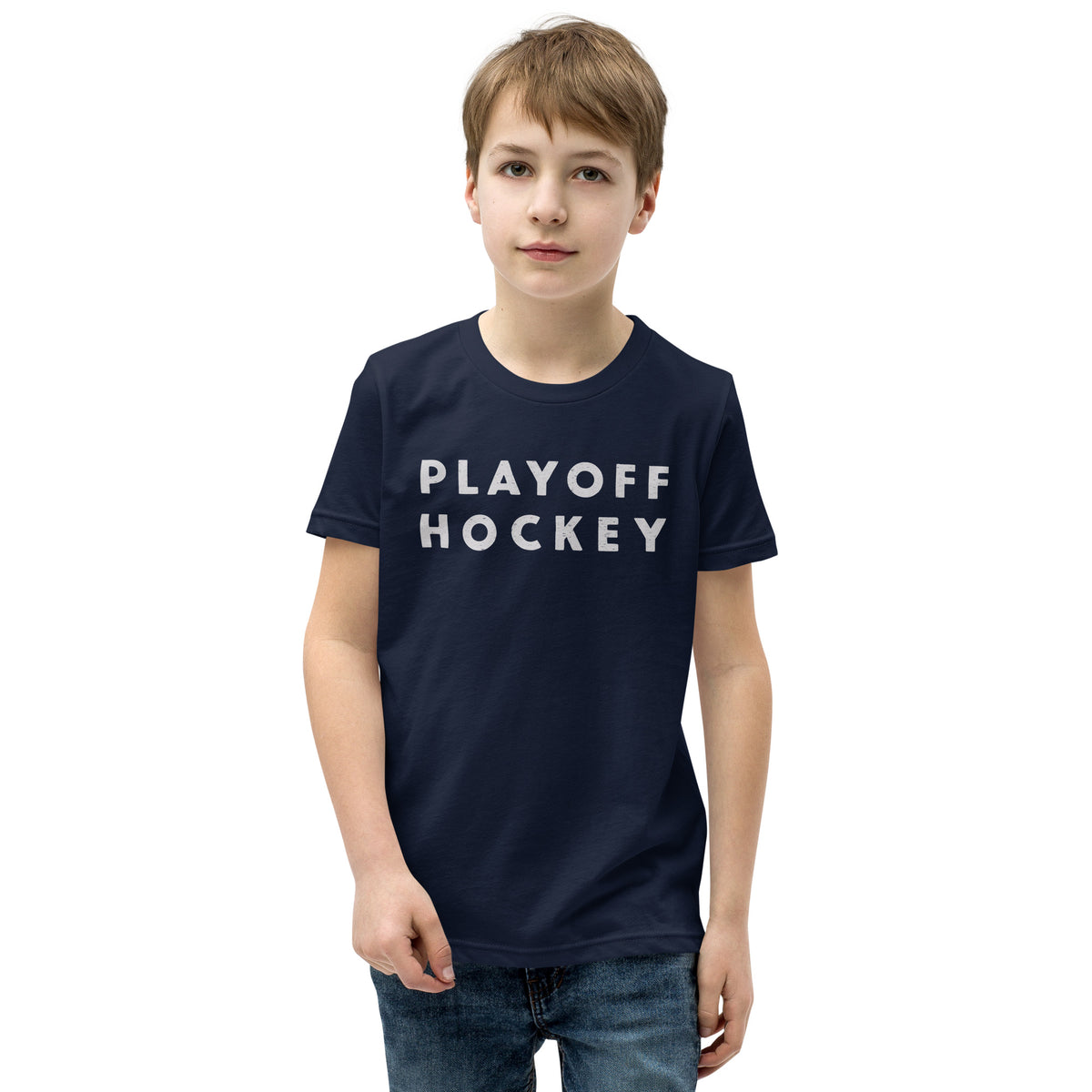 "Playoff Hockey" in simple retro athletic lettering, printed on a SodaPop Cool kids t-shirt.