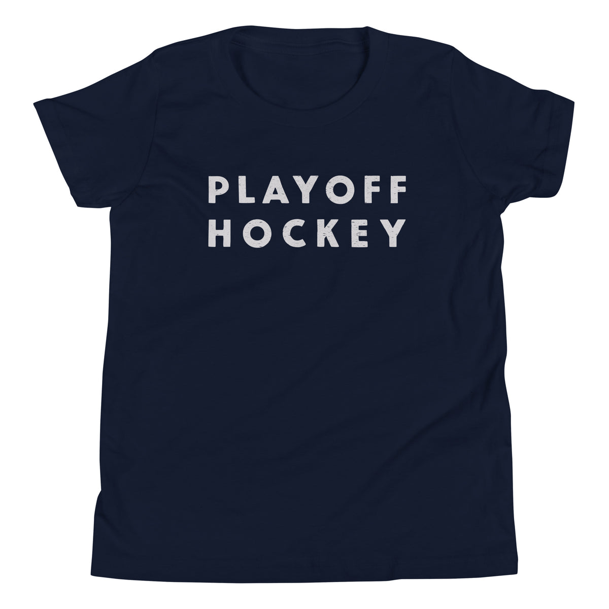 "Playoff Hockey" in simple retro athletic lettering, printed on a SodaPop Cool kids t-shirt.