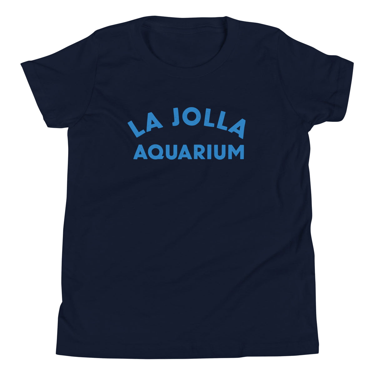 "La Jolla Aquarium" in classic vintage type, printed on a SodaPop Cool kids t-shirt.