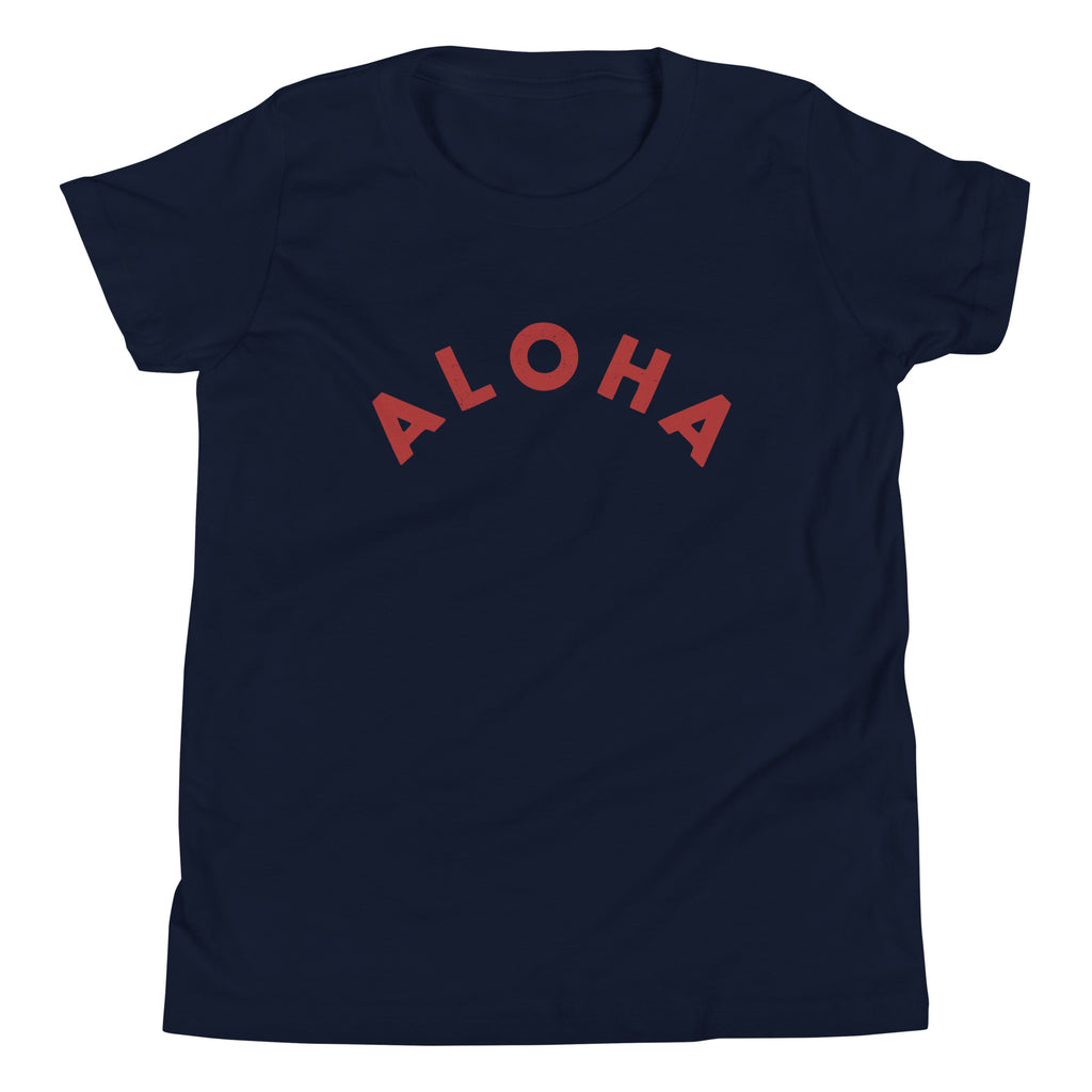 "Aloha" in clean vintage Hawaiian lettering, printed on a SodaPop Cool kids t-shirt.