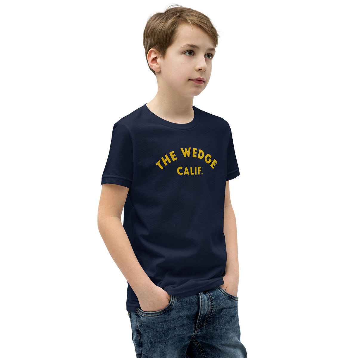 "The Wedge" in classic California surf lettering, printed on a SodaPop Cool kids t-shirt.