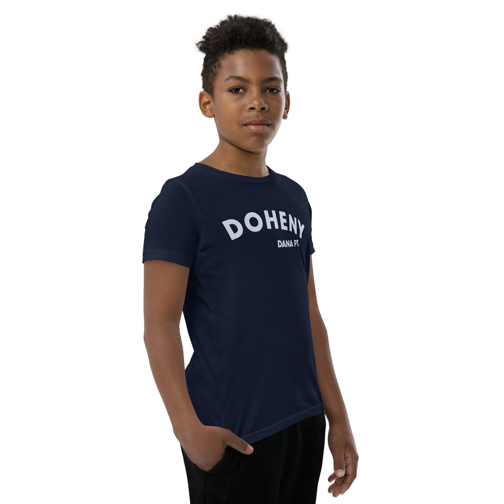 "Doheny Dana Point" in vintage California surf lettering, printed on a SodaPop Cool kids t-shirt.