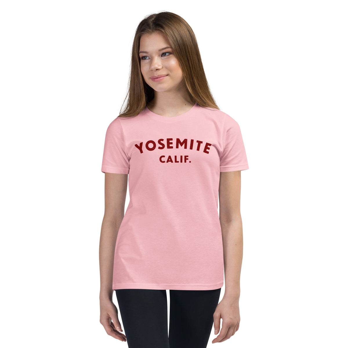 "Yosemite National Park" in vintage park-service lettering, printed on a SodaPop Cool kids t-shirt.