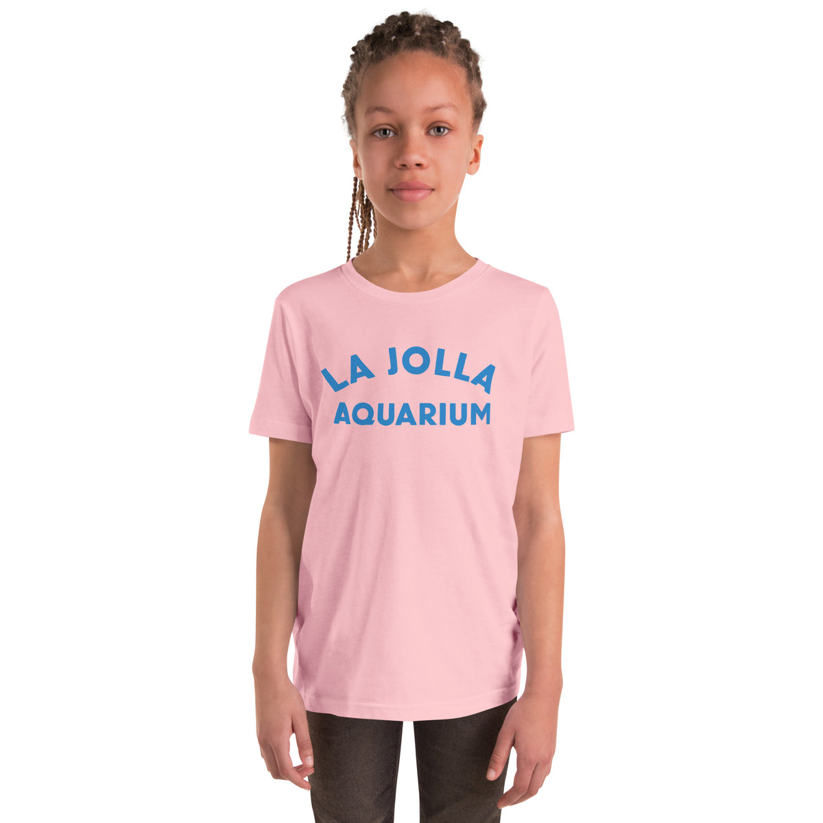 "La Jolla Aquarium" in classic vintage type, printed on a SodaPop Cool kids t-shirt.