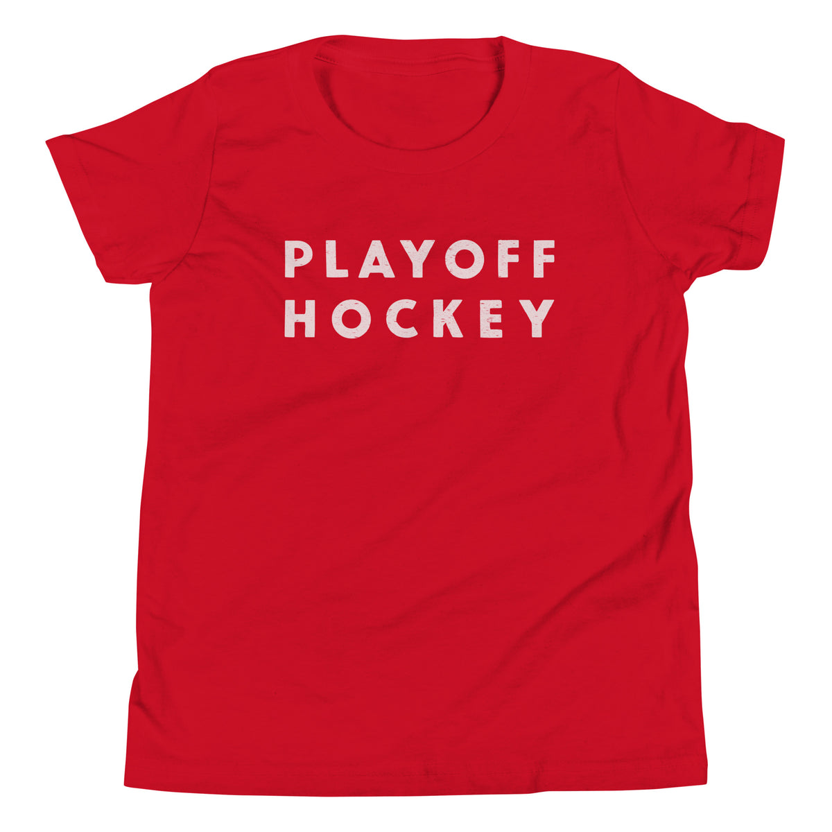 "Playoff Hockey" in simple retro athletic lettering, printed on a SodaPop Cool kids t-shirt.
