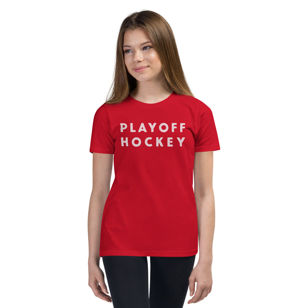 "Playoff Hockey" in simple retro athletic lettering, printed on a SodaPop Cool kids t-shirt.