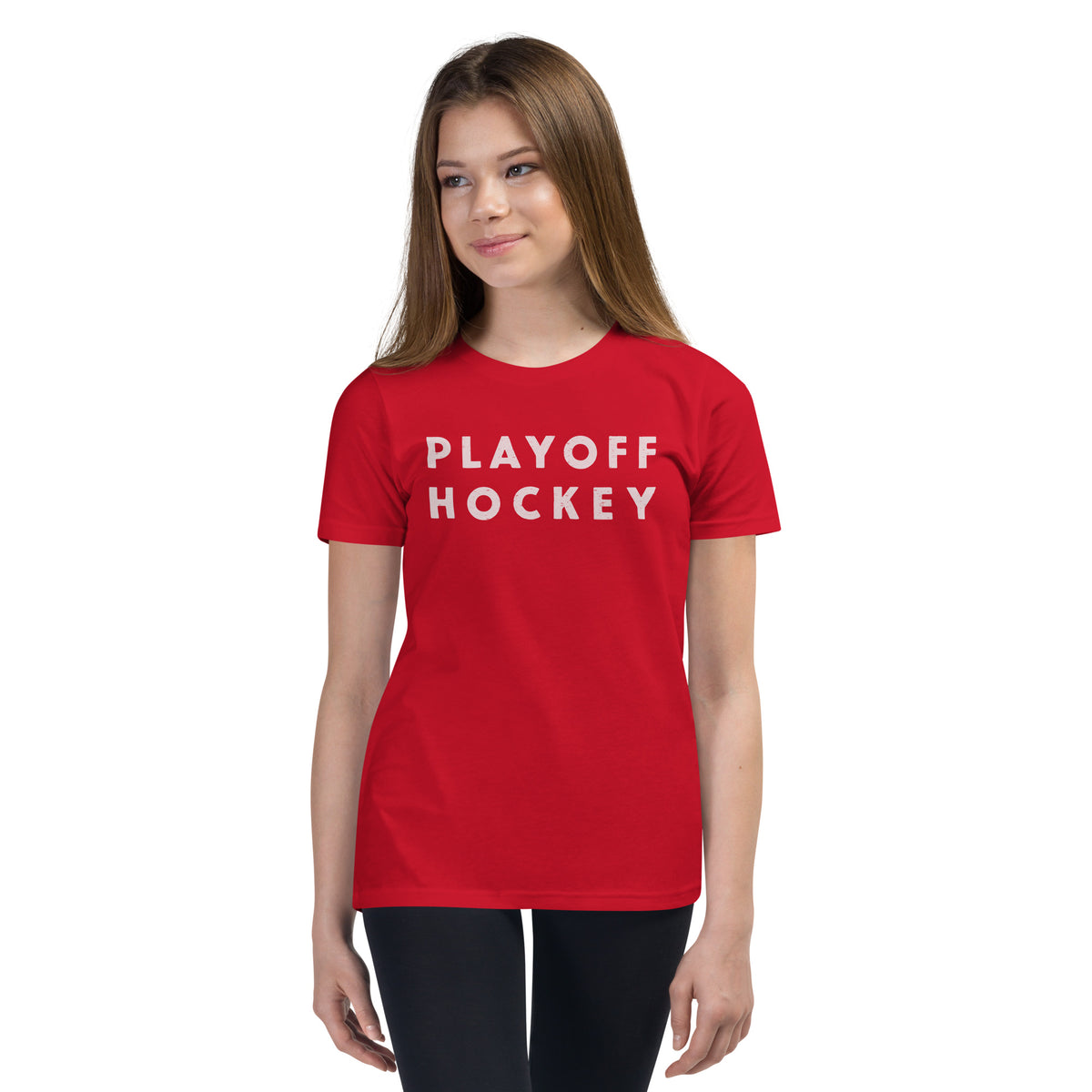 "Playoff Hockey" in simple retro athletic lettering, printed on a SodaPop Cool kids t-shirt.