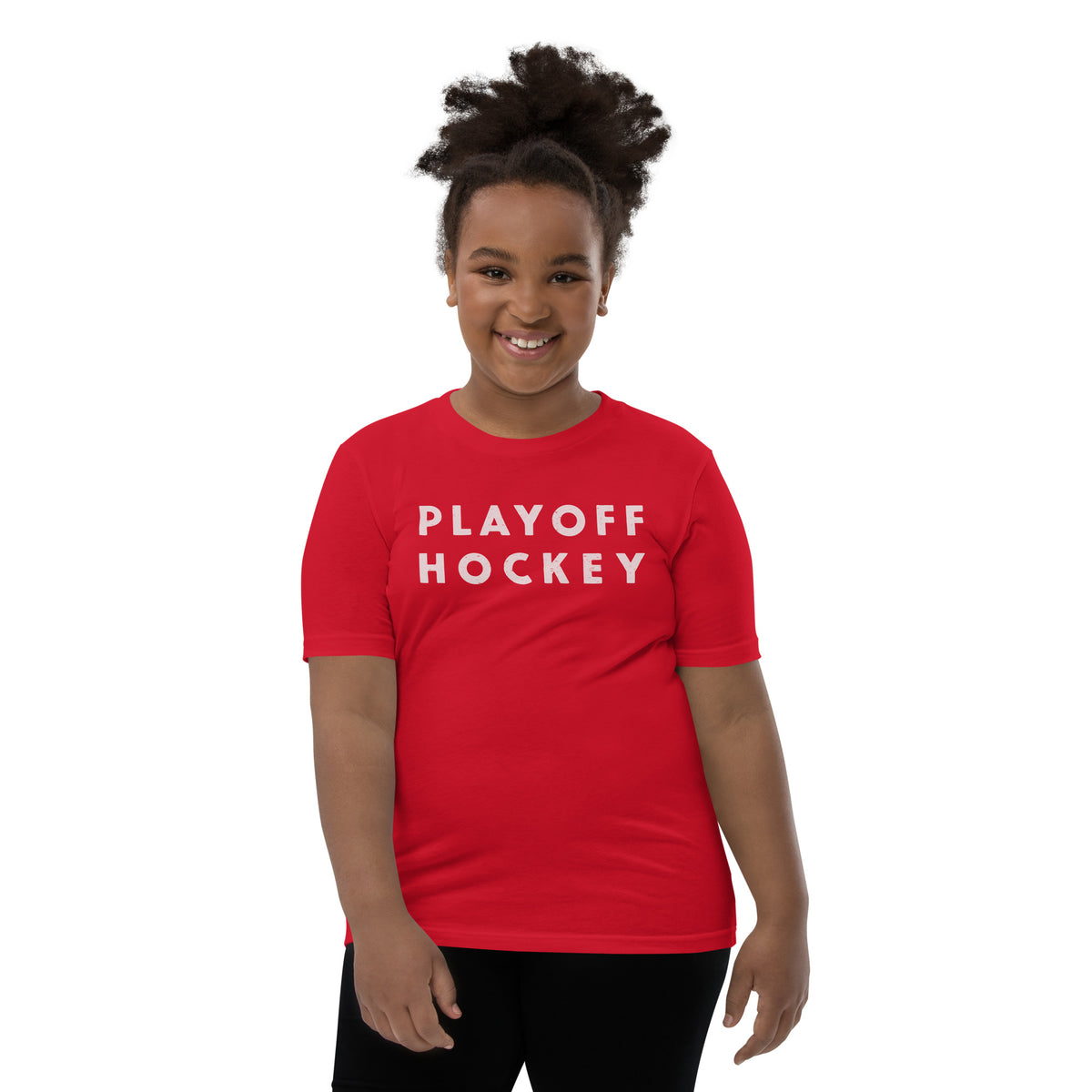 "Playoff Hockey" in simple retro athletic lettering, printed on a SodaPop Cool kids t-shirt.