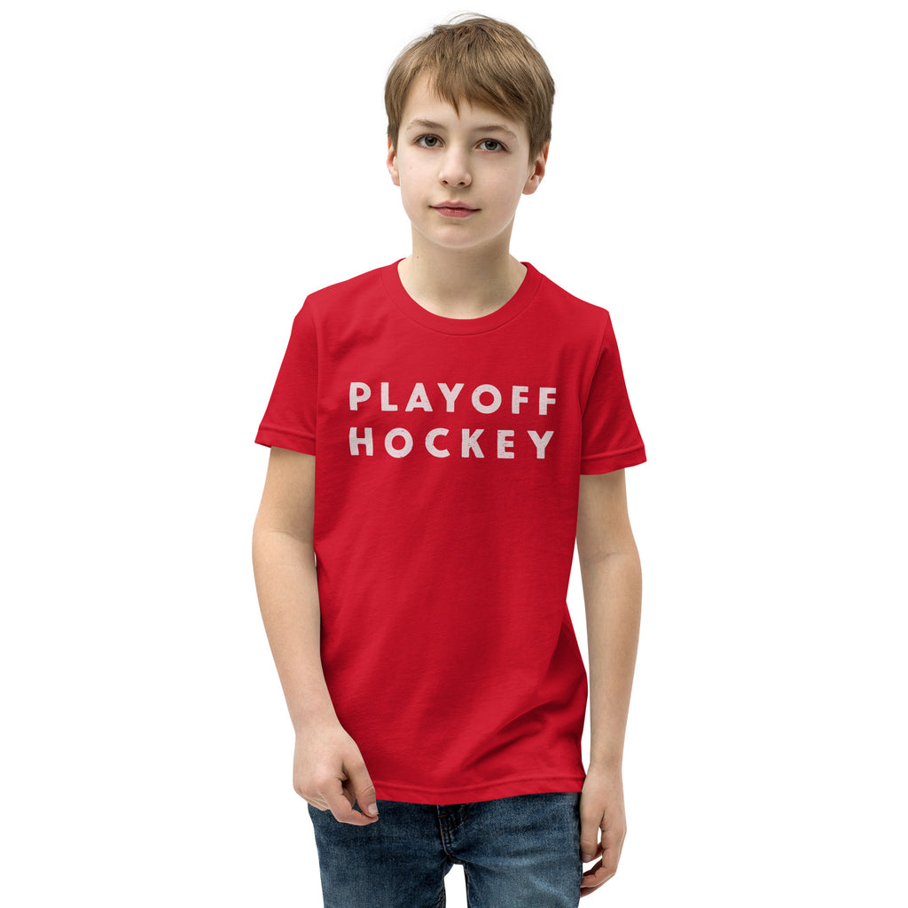 "Playoff Hockey" in simple retro athletic lettering, printed on a SodaPop Cool kids t-shirt.
