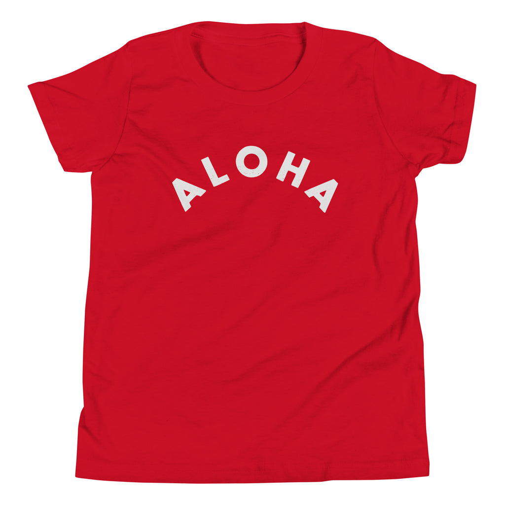 "Aloha" in clean vintage Hawaiian lettering, printed on a SodaPop Cool kids t-shirt.
