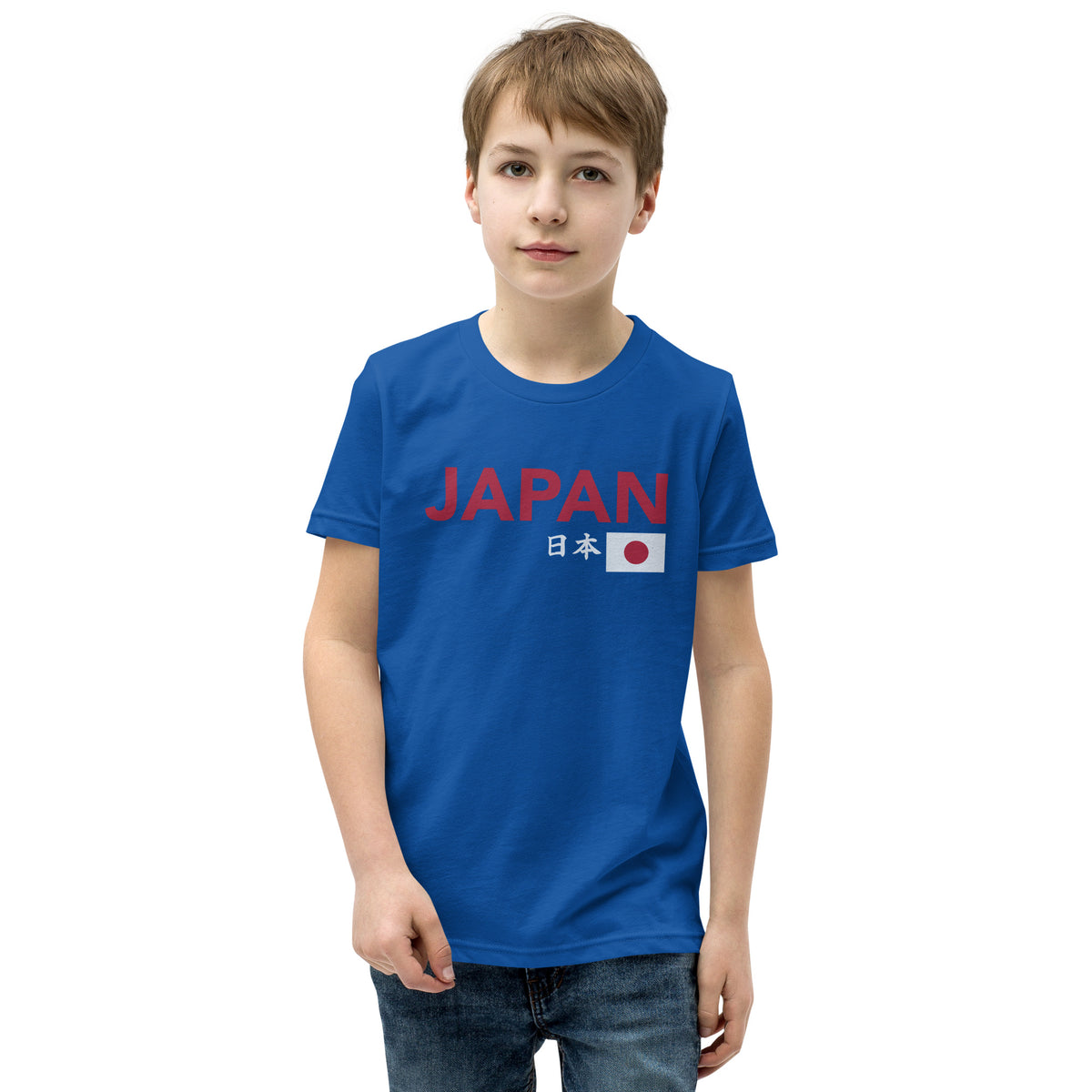 Japanese flag with "Japan" in both Japanese and English classic type, printed on a SodaPop Cool kids t-shirt.