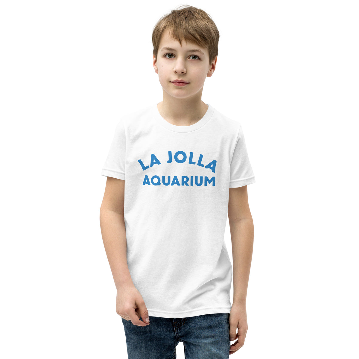 "La Jolla Aquarium" in classic vintage type, printed on a SodaPop Cool kids t-shirt.