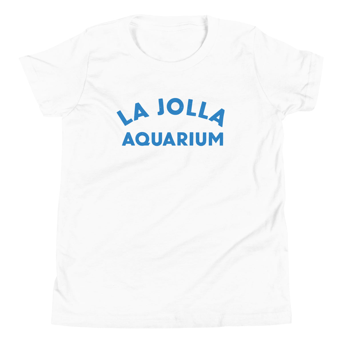 "La Jolla Aquarium" in classic vintage type, printed on a SodaPop Cool kids t-shirt.
