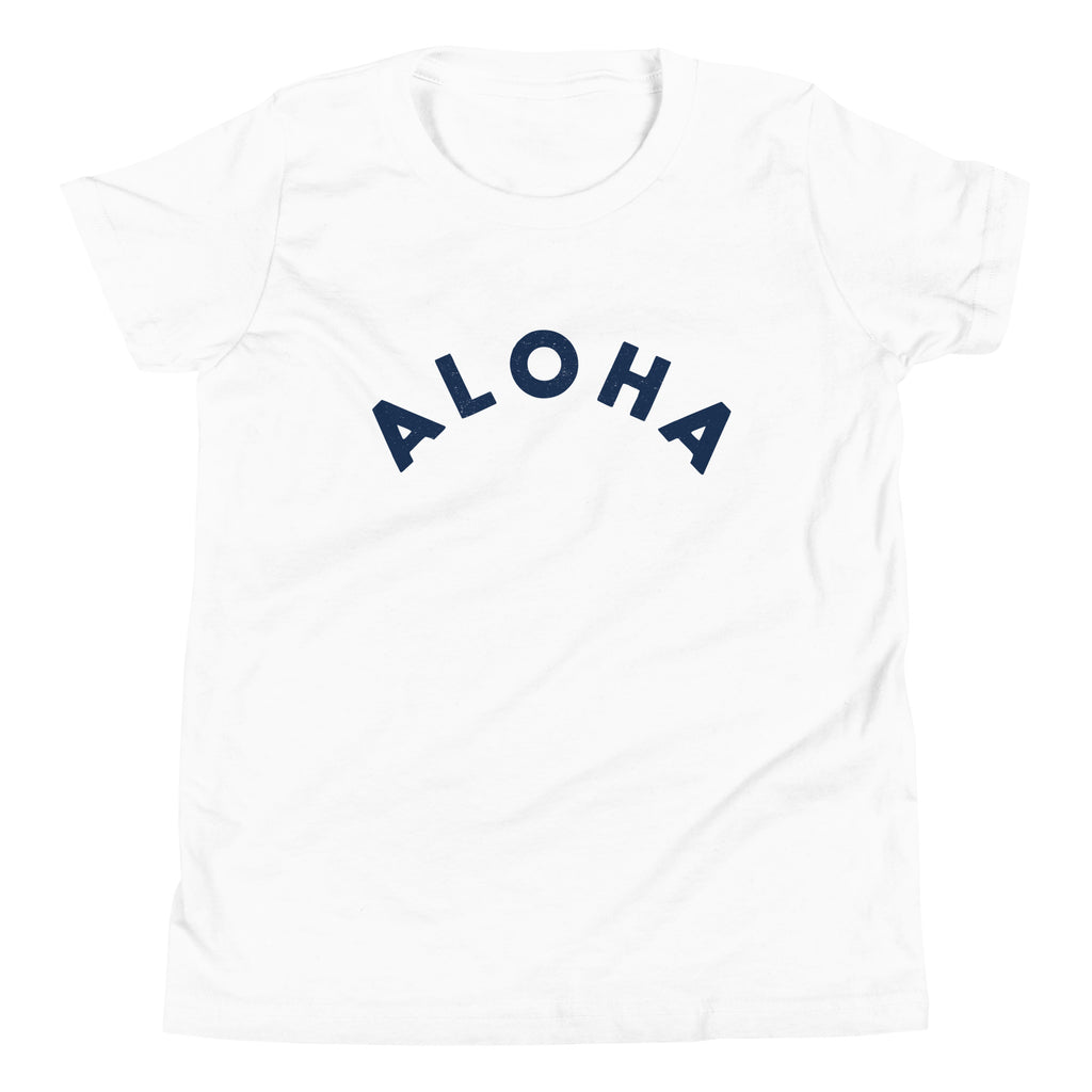 "Aloha" in clean vintage Hawaiian lettering, printed on a SodaPop Cool kids t-shirt.