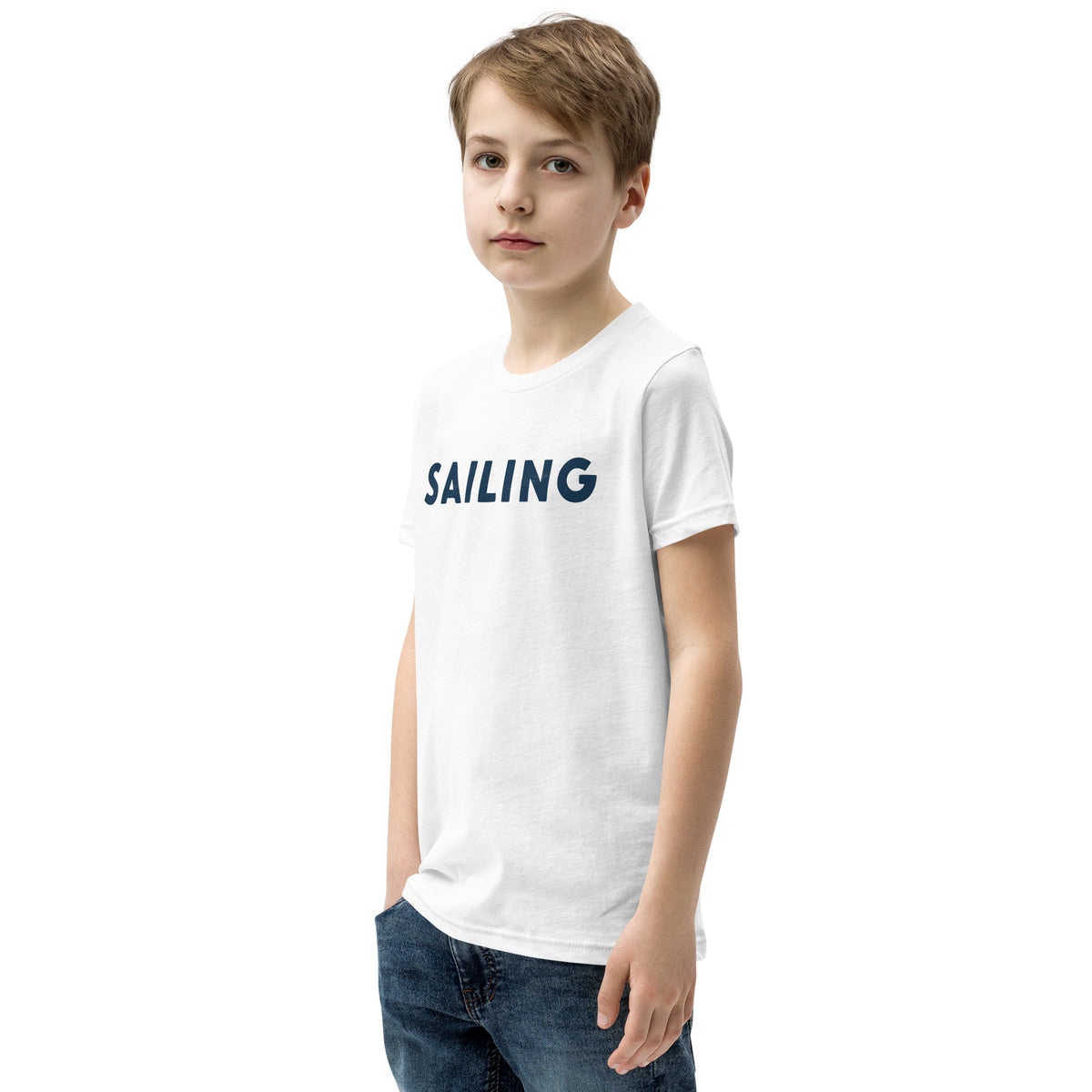 The word "Sailing" in clean vintage lettering, printed on a SodaPop Cool kids t-shirt.